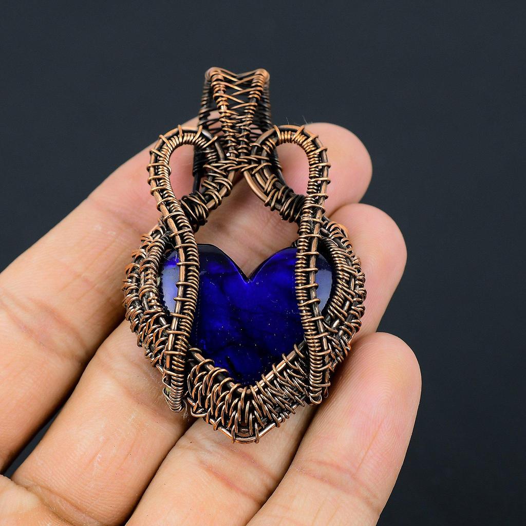 Heart Shaped Blue Flash Labradorite Gemstone Copper Wire Wrapped Handmade Jewelry Pendant