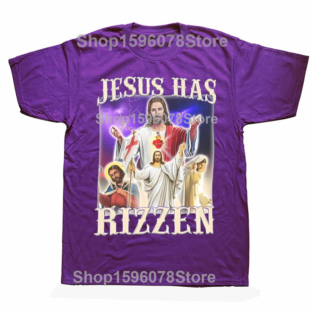 Men Women Jesus Has Rizzen Rizz Humor Christ Gift TShirts Apparel Cotton Funny Catholic Jesus Meme T Shirts Tee Clothes