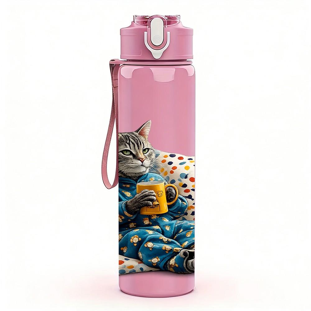 1PC Cat Colorful Patchwork Pillow Print 750ml Color Plastic Sports Water Bottle Leakproof Flip Straw Lid Suitable for Sports Office Home Use
