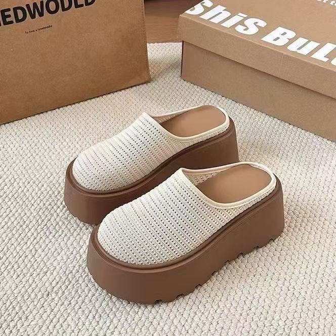Thick-soled bag head half slippers women's outer wear 2025 summer new muffin soft bottom heightened hollow breathable slippers