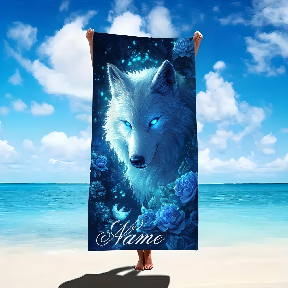 Individuelles Weißer Wolf Strandtuch Personalisierter Name Blaue Rose Mikrofaser Badetuch 160x80cm Weich Schnelltrocknend
