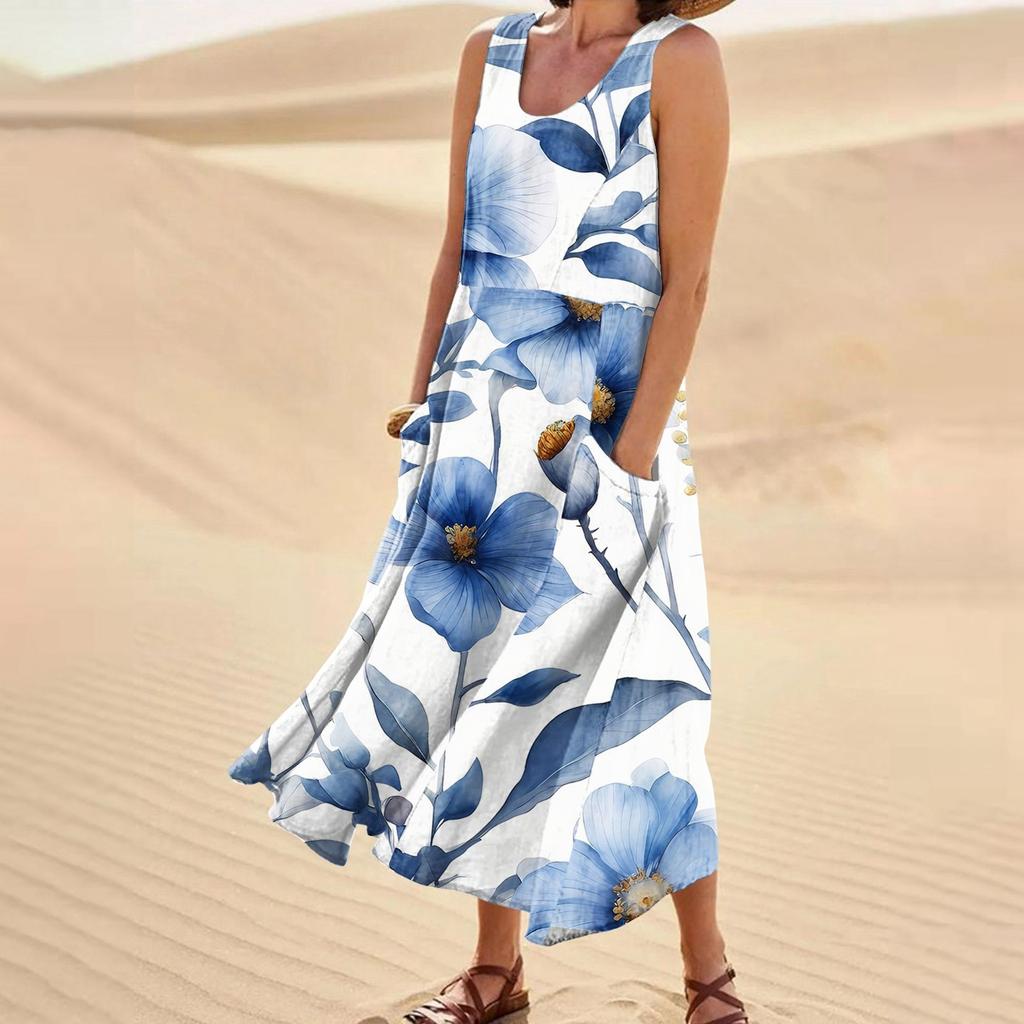 Damenmode, lässig, ärmellos, Baumwolle, Leinen, Blumenmuster, kleine Taschenkleider