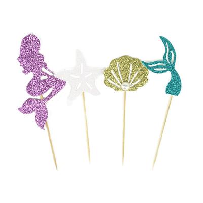 Glitter Cupcakes Flag With Mermaid Seahorse Starfish For Princess Theme Party Cake Flags Girl's Birthday Party Mermaid Baby Shower Decoration Supplies