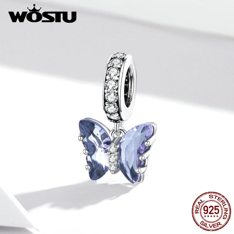 WOSTU Tři barevné korálky se zirkonovým motýlkem 925 se stříbrným přívěskem se hodí pro originální náramek náramek DIY jemné šperky
