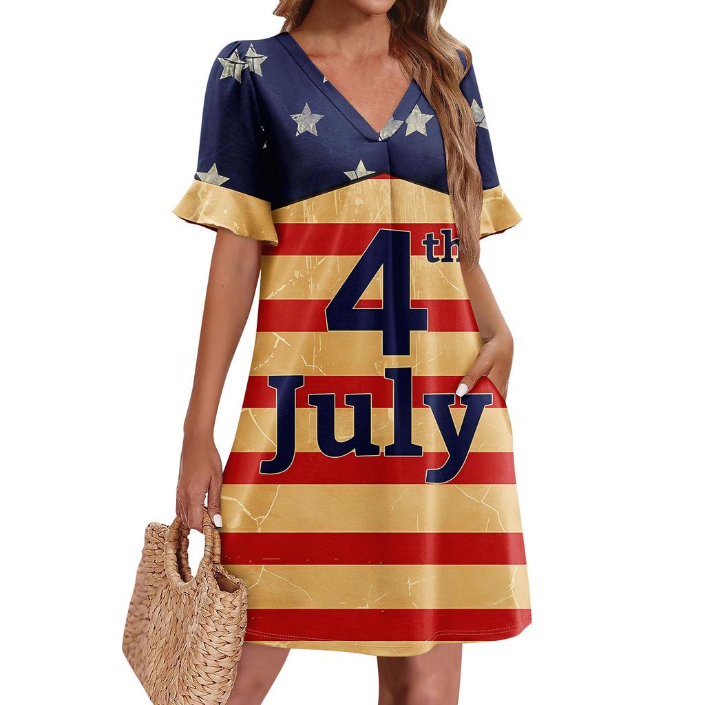 Summer Dresses For Women V Neck Ruffle Short Sleeve Casual Loose  Independence Printing Dress Beach Dress With Pockets