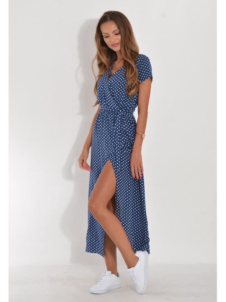 2023 Polka Dot V-Neck Midi Dress with Tie Waist - Women's European & American Holiday Style