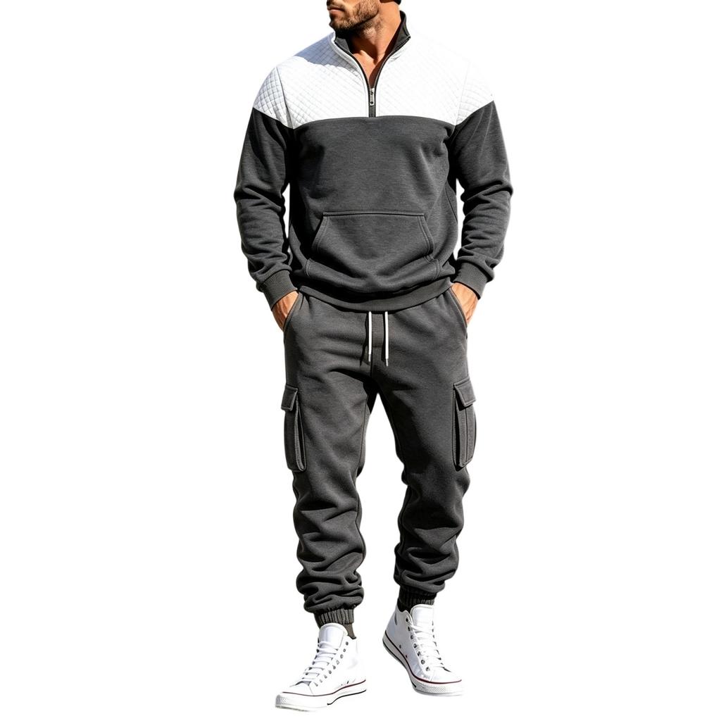 Men's Lined Track Suit with Stand Collar - Casual Color Block Sweatshirt and Pants Set, Loose Fit Two Piece Outfit for Fall Winter Outdoor