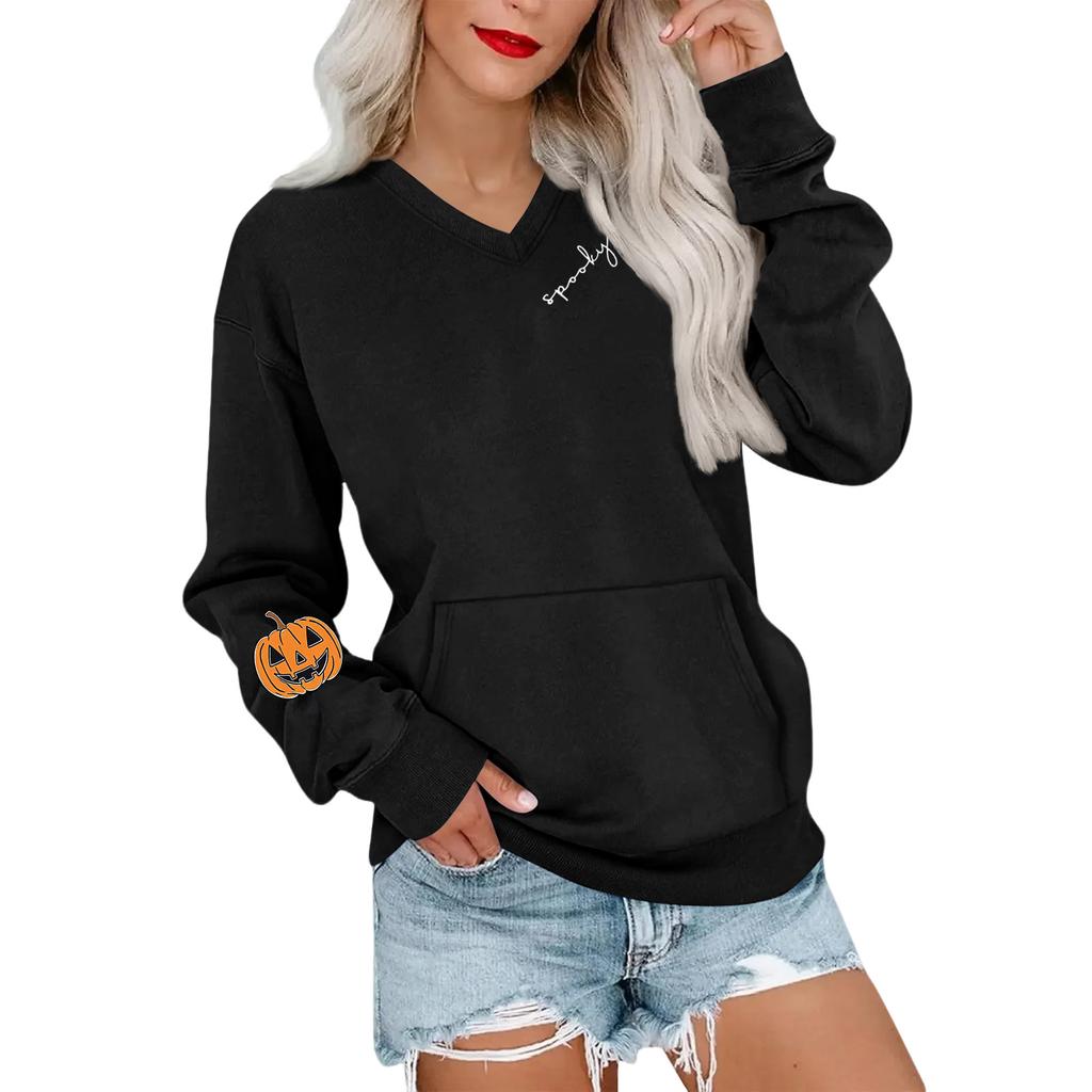 Women's Casual Fashion Halloween Print V-Neck Long-Sleeve Sweatshirt Lightweight Pullover Hoodie With Pockets