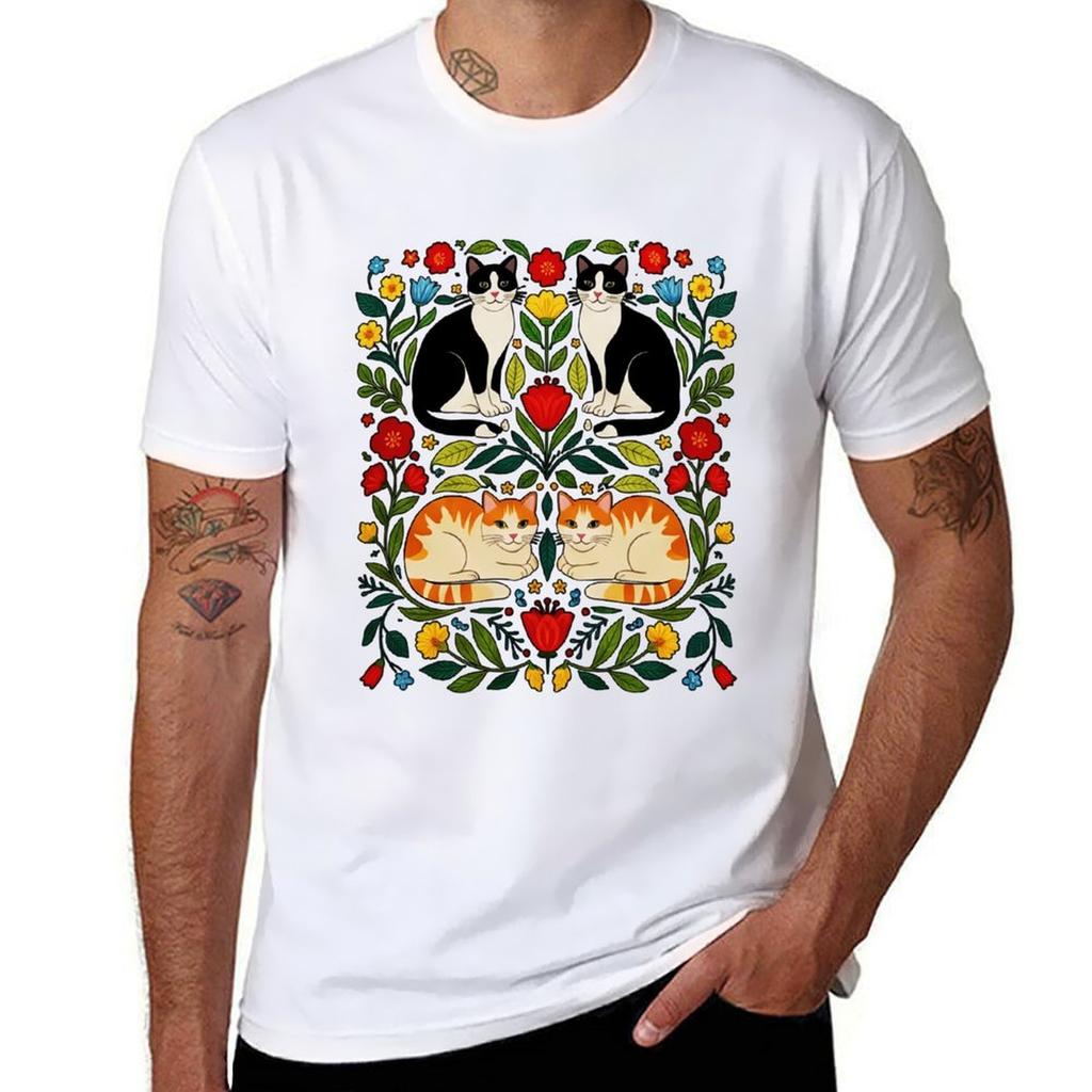 Floral Cat Quartet Tshirt Artistic Cats With Flowers Design Tshirt Funny Costumes Summer Clothes Short Sleeve Tee Unisex