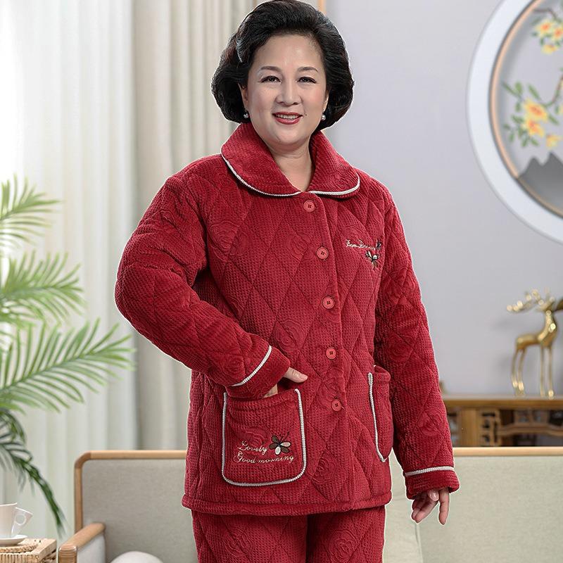

Пижамы для мам среднего возраста, женские зимние утолщенные три слоя хлопка плюс хлопок, домашняя одежда для свекрови для пожилых людей XL