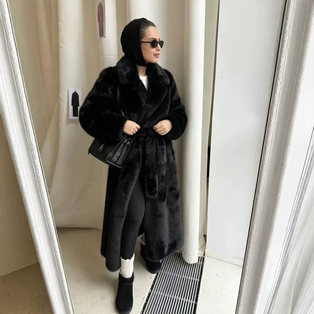 Coat Medium and Long Women's Plush Coat Stand-up Collar Winter New Black Fur Imitation Fur Mink Velvet Coat