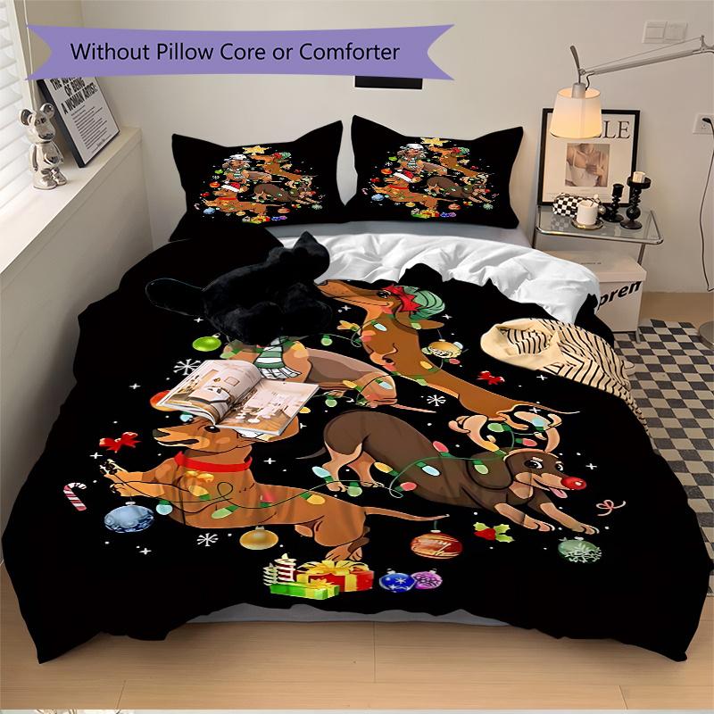 3pcs Christmas Tree Dachshund Dog Holiday Comforter Set with 1 Quilt Cover and 2 Pillowcases (No Core), Bedroom and Guest Room