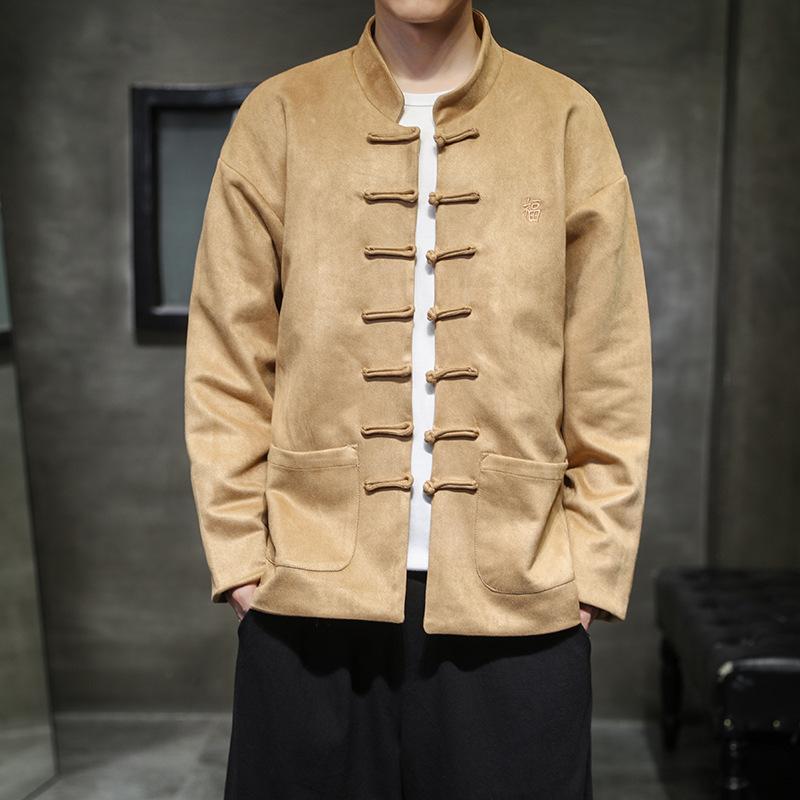 Autumn and Winter Men's Chinese Style Embroidered Buckle Jacket Chinese Express Large Size Shirt Stand-up Collar