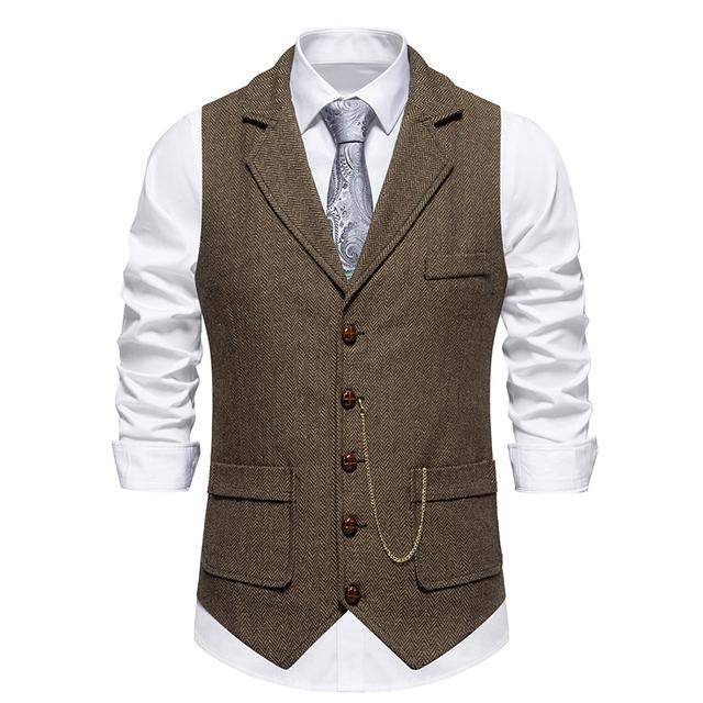 Pánská retro vesta s klopou řetízku móda rybí kost hrubý tvíd kapsy vesta britská ležérní vintage gentleman volný čas párty