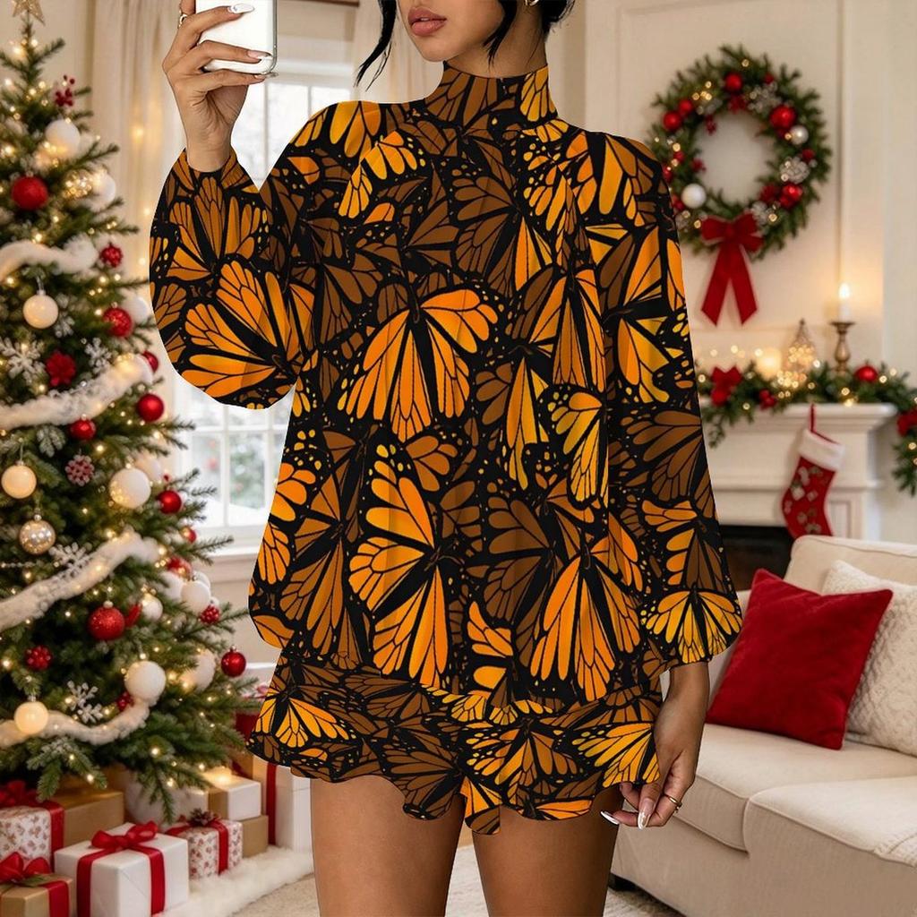 Women's 3D Paisley Pattern Print Mock Neck Long Sleeve Dress, Raglan Sleeve Fake Two Piece Mini Dress