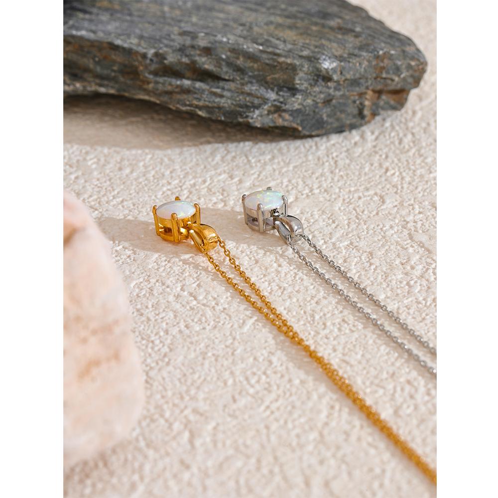 Yhpup Exquisite Round Opal Stone Pendant Necklace for Women Stainless Steel Korean Style Fashion Temperament Neck Jewelry