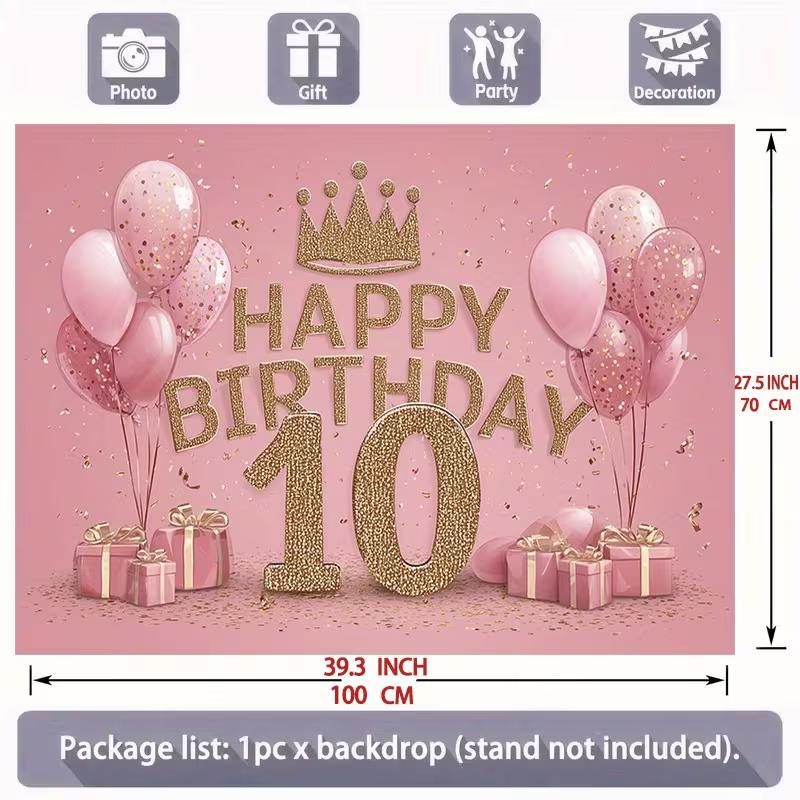 2D Rose Gold Number 10 Happy Birthday Backdrop Banner Party Decoration for Girls