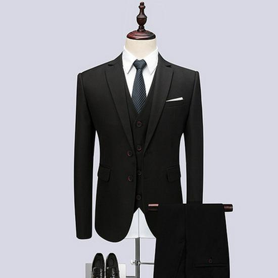 Men's Year-Round Solid Color Business Casual Two-Button Suit Three-Piece Set, Plus Size Options Available