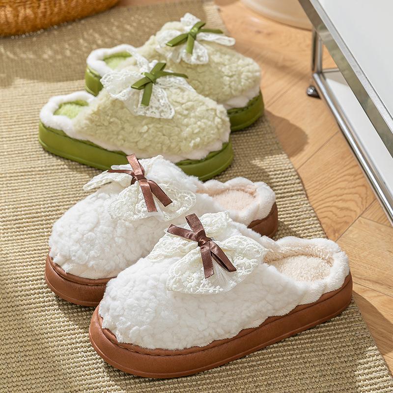 Cotton slippers home autumn and winter bow cotton shoes indoor soft sole non-slip warm shoes plush thick sole cotton mop