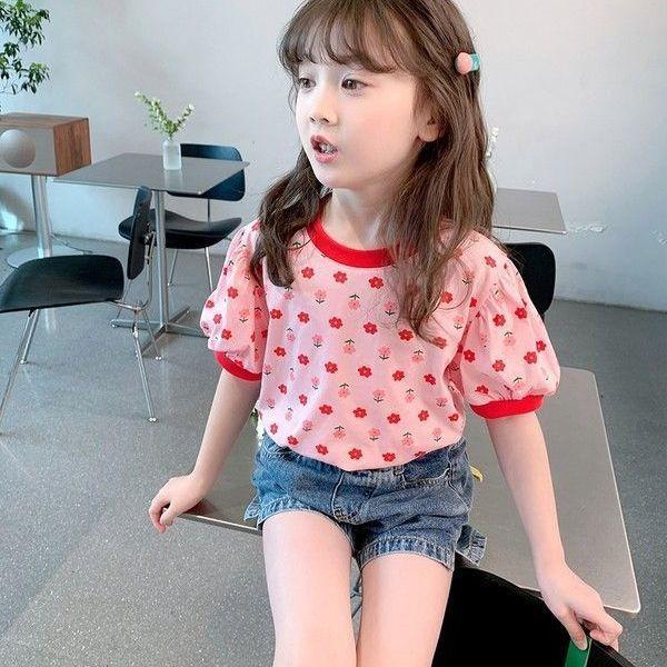 Girls Summer Short Sleeve T Shirt Korean Floral Print Cute Top