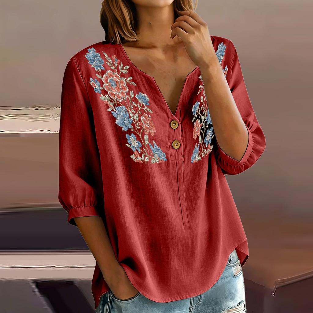 Women Floral Pattern Henley Button Neck Shirt Three Quarter Sleeve Loose Fit Linen Cotton Blouse Casual Top for Daily Wear