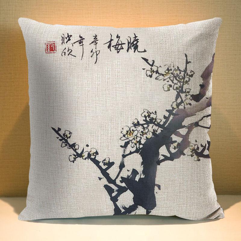 Chinese Ink Plant Pillow Case Flowers Xcm Square Decorative Cushion Cover for Sofa Home Printed Throw Polyester Pillowcase