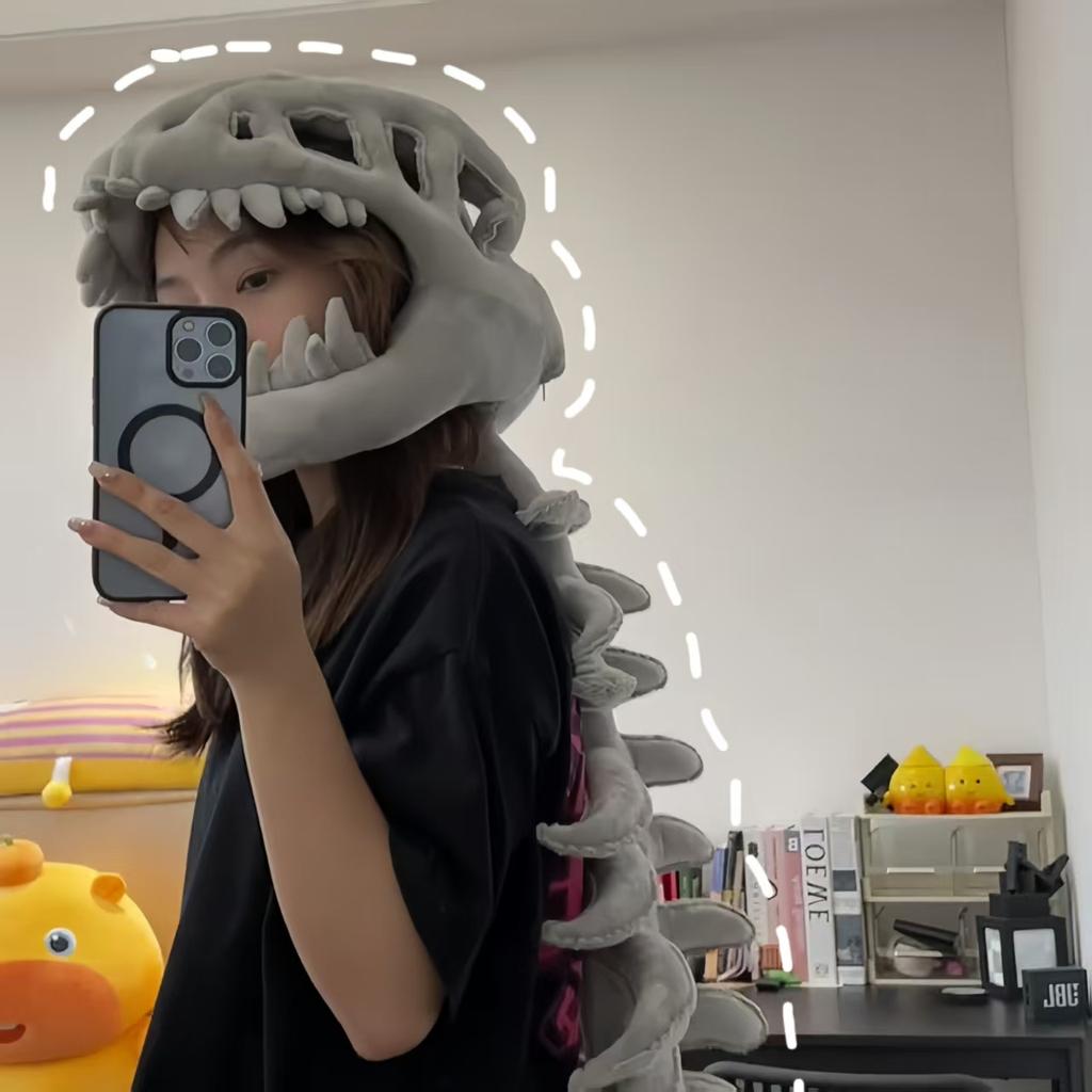 Dinosaur Skeleton Head Hood Plush Costume with Bone Frame for Kids Adults, Cute Dinosaur Skeleton Suit Cosplay Toy Gift 90/120cm