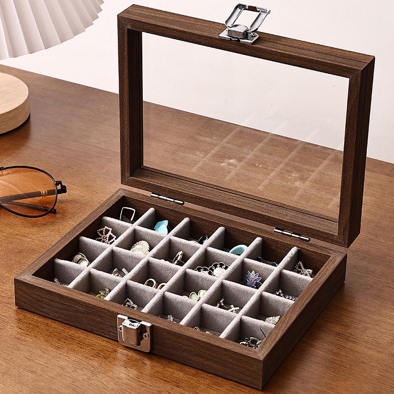 Compact Walnut Jewelry Box for Earrings, Rings, Necklaces, and Bracelets - with Lid and Display Case