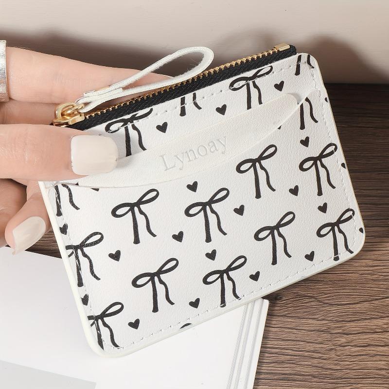 Ladies' Ultra-thin Zipper Wallet with Pink Heart-shaped Bow Card Holder Lightweight for Daily Use Card Holder with Zipper Closure