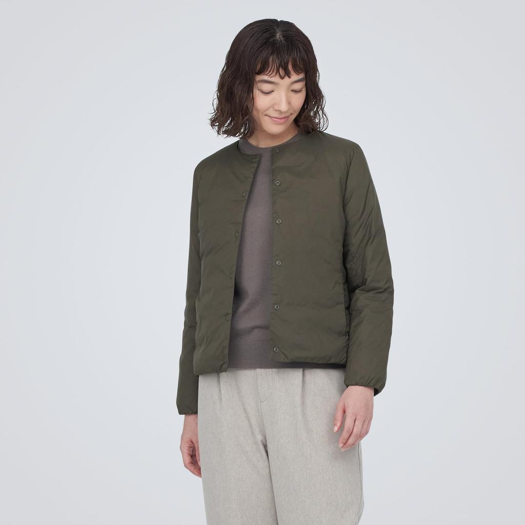 MUJI Lightweight Down Collarless Khaki Size XS Women's Jacket, (Anti-Static Lining), Green, (BD0X4A3A)