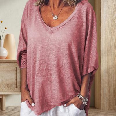Frauen T-shirt V-ausschnitt 45720 Batwing Ärmel Pullover Tops Einfarbig Lose