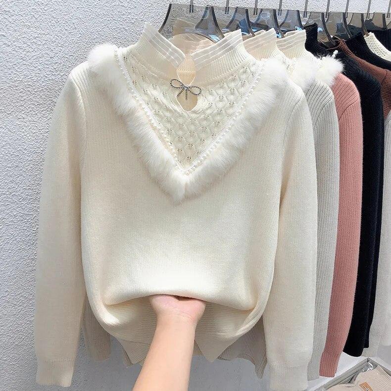 Thick Lace Sweater for Women's Autumn Winter New Half High Collar Bottoming Shirt Integrated Velvet Long Sleeve Knitted Top