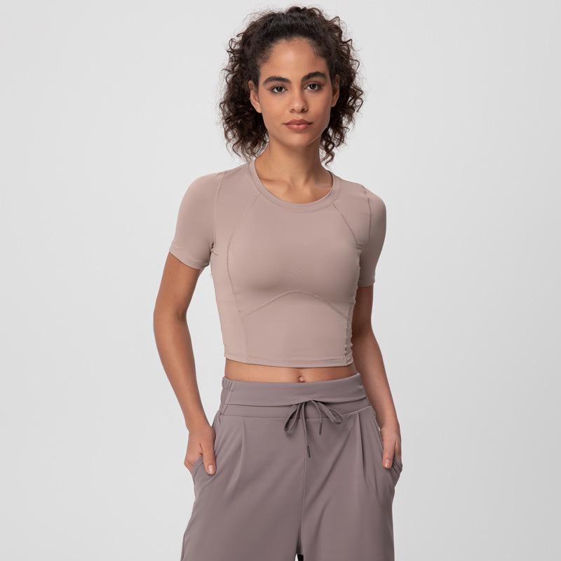 

Женский быстросохнущий кроп-топ с коротким рукавом и сетчатыми вставками - Весенне-летняя одежда для йоги и фитнеса Medium какао