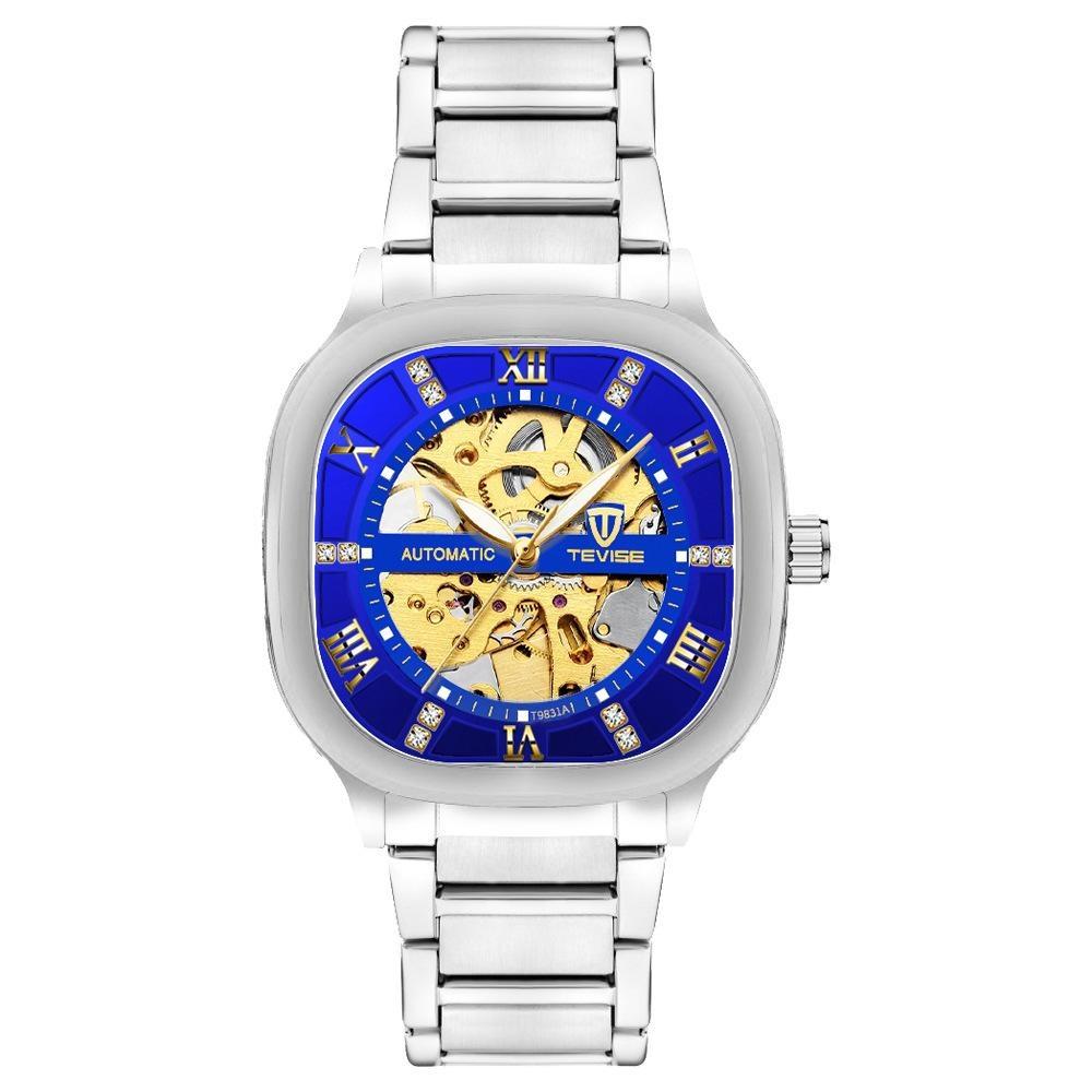 TEVISE Automatic Mechanical Watches for Men Stainless Steel Waterproof Skeleton Watch Square Dial Luminous Fashion Business Wristwatch
