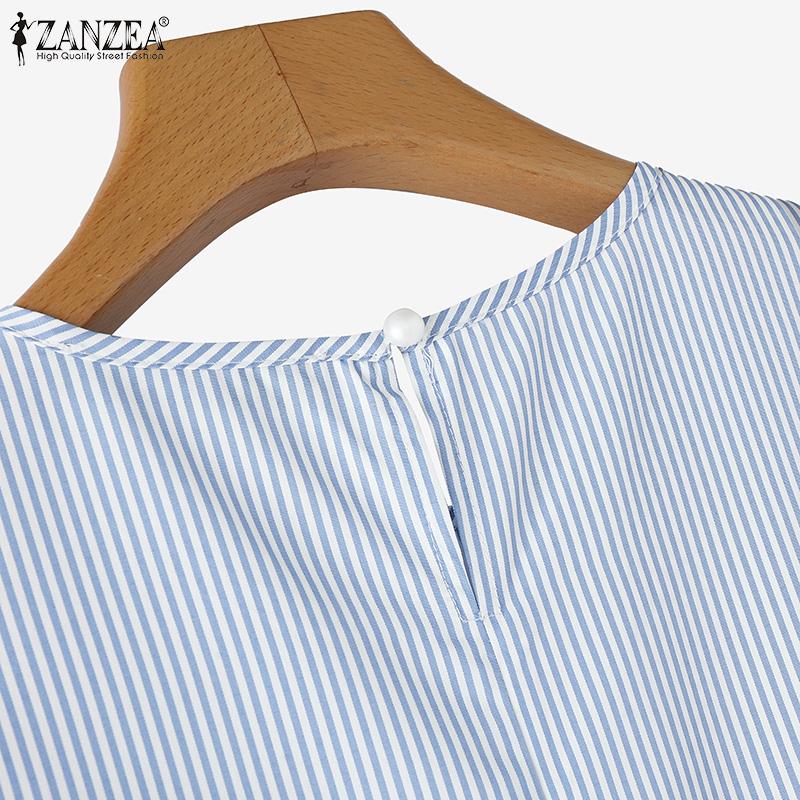 ZANZEA Женская повседневная свободная блузка в полоску с круглым вырезом и короткими — фото 8