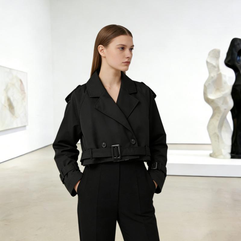 European & American Style Women's Belted Long Sleeve Short Windbreaker Jacket for Spring/Autumn