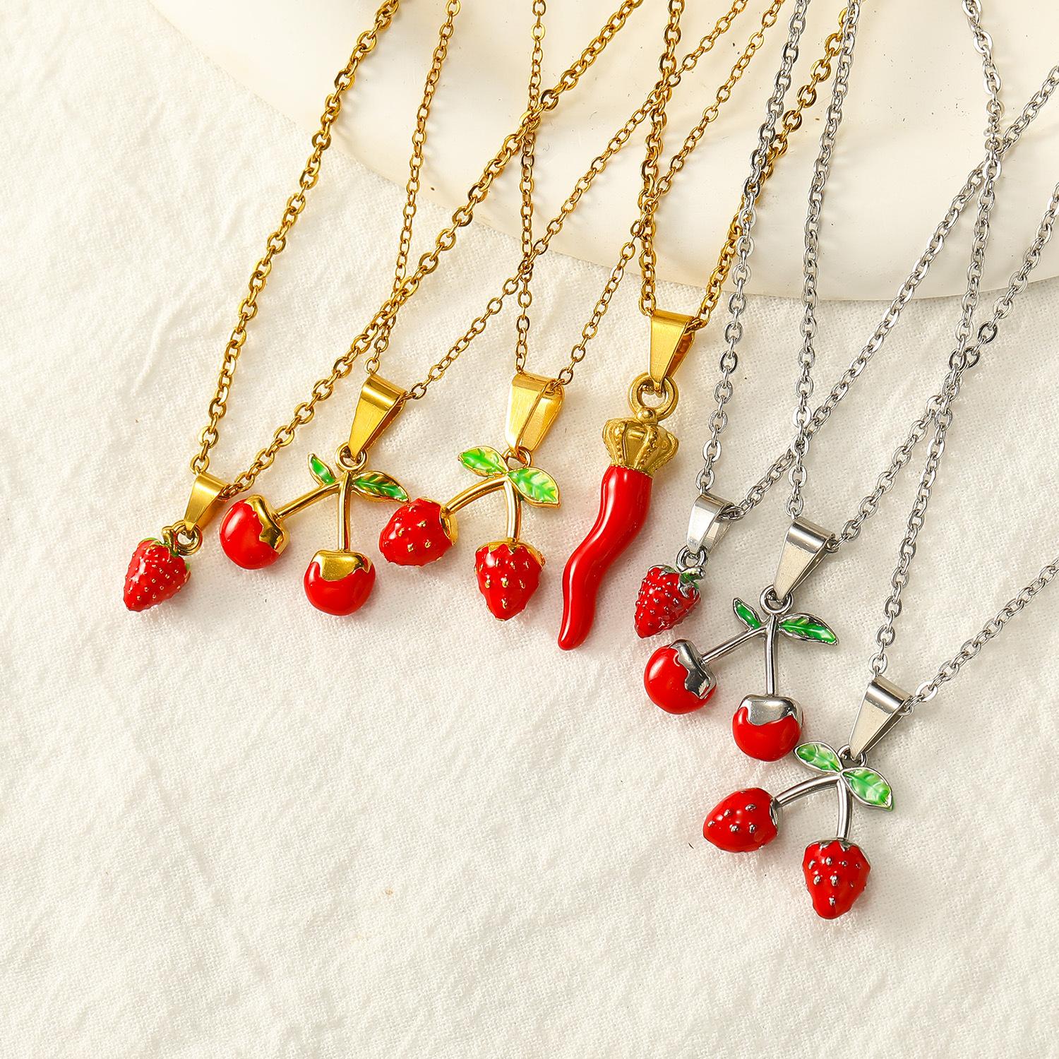 Waterproof PVD Stainless Steel Fruit Pendant Necklace for Women Red Enamel Chili Pepper Strawberry Choker Fashion Jewelry Gifts silver color