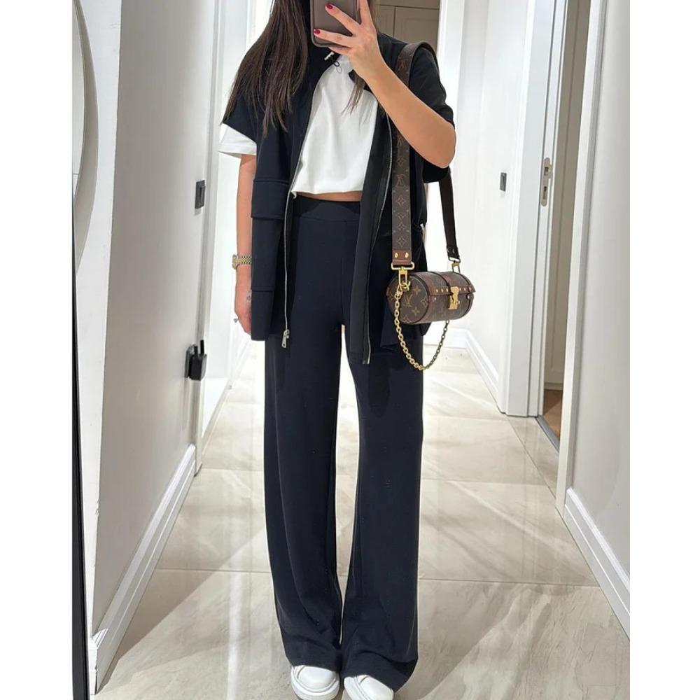 New Women's Autumn and Summer Solid-color Casual Loose Pocket Sweatshirt Straight-leg Pants Set