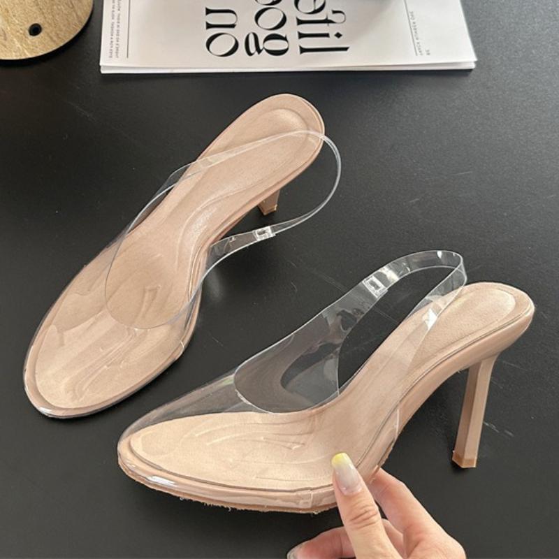 

Fashion Fashion Transparent PVC High Heels Women Comfortable Shallow Back Strap Brand Designer Shoes Elegant High Heeled Dress Shoes 42
