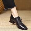Retro Preppy Mid-Heel Square-Toe Leather Loafers with Deep-Mouth Lace-Up and Kitten Heel for Women