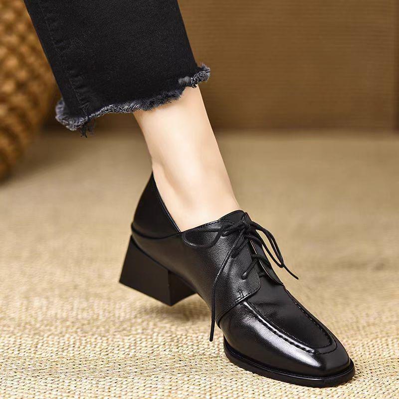 Retro Preppy Mid-Heel Square-Toe Leather Loafers with Deep-Mouth Lace-Up and Kitten Heel for Women
