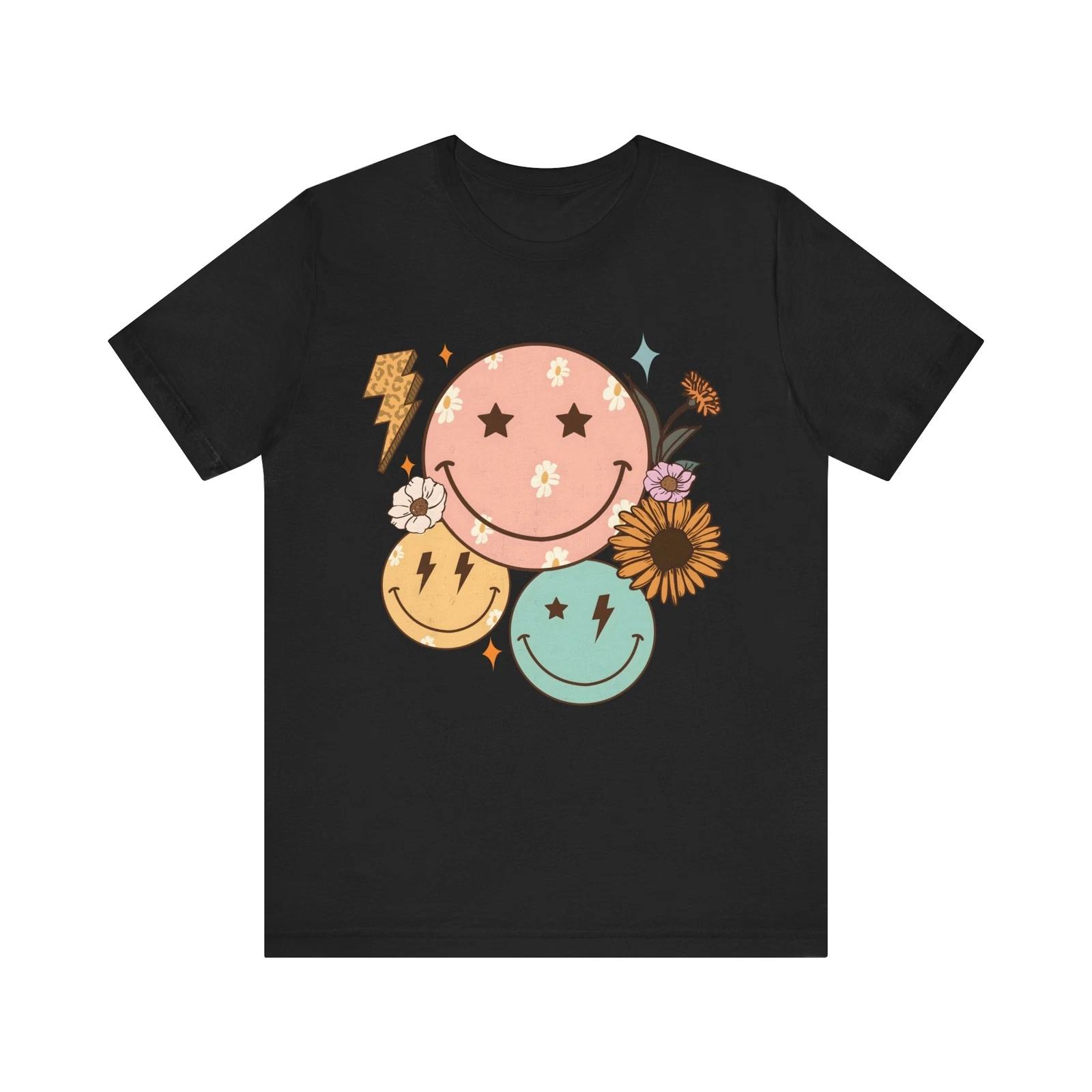 Unisex Size Retro Floral Smile Face Star Eyes Lightning Bolt Happy Vibes T-Shirt 4XL