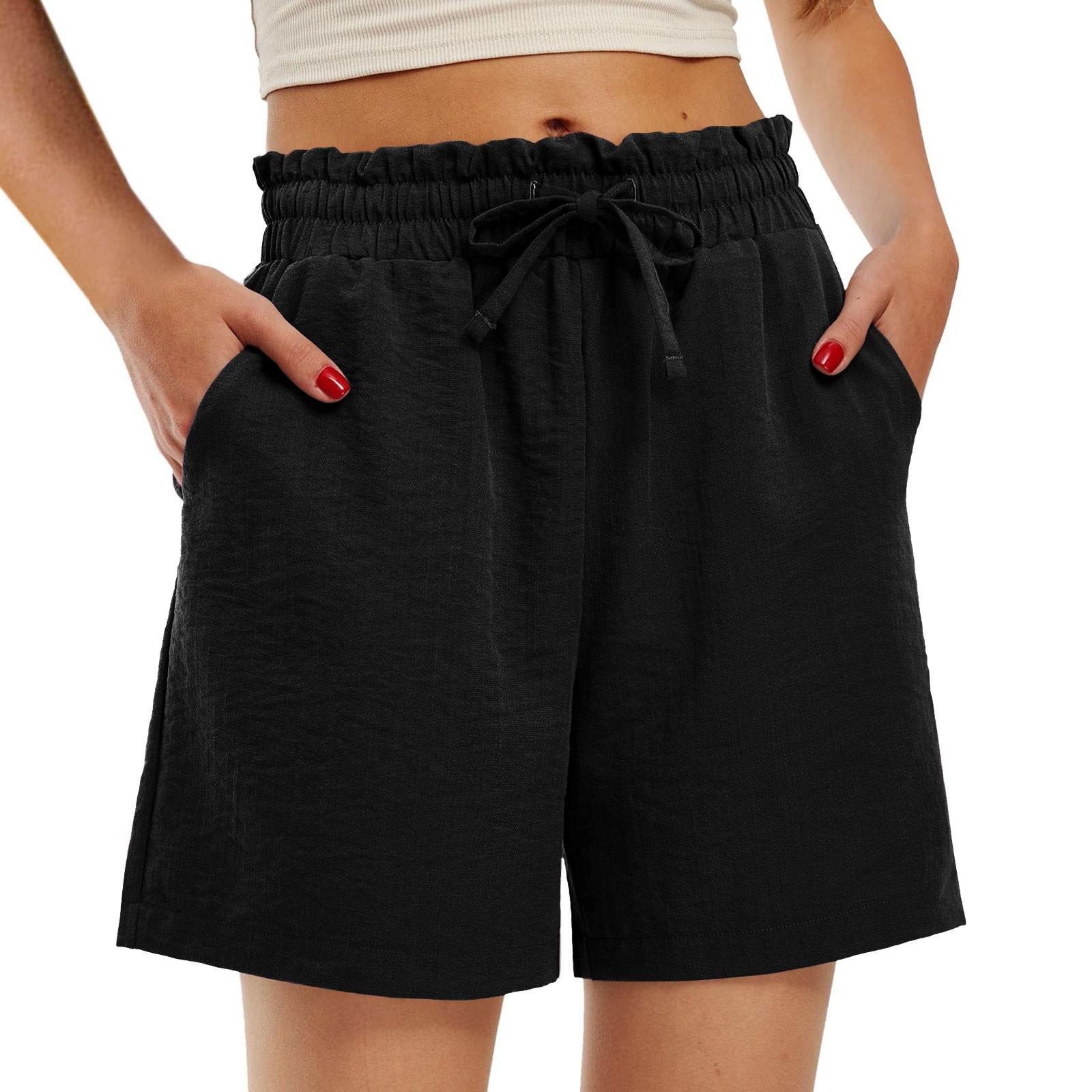 

Женские модные свободные повседневные шорты с высокой талией и завязками на шнурке, однотонные, с маленьким карманом M чёрный