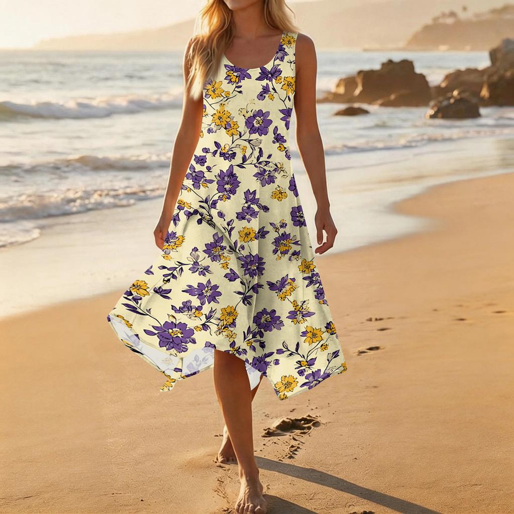 Women's Casual Fashion Round Neck Sleeveless Floral Print Midi Dress with Irregular Hem