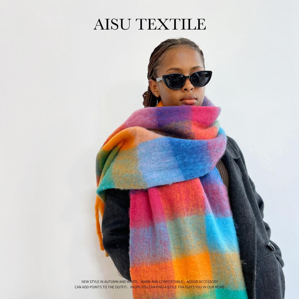 Color Plaid Scarf Women's Winter Warm Scarf Mohair Thickened Long Scarf Hot Shawl