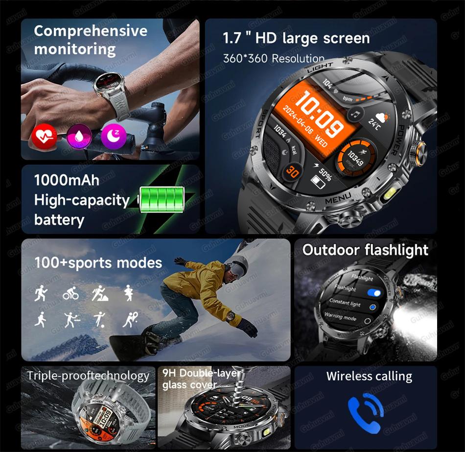 AK87 Men 1000mAh Battery Smart Watch 1.7-inch Large Screen GPS Track Heart Rate 3ATM Waterproof Wireless Call Sports Smartwatch