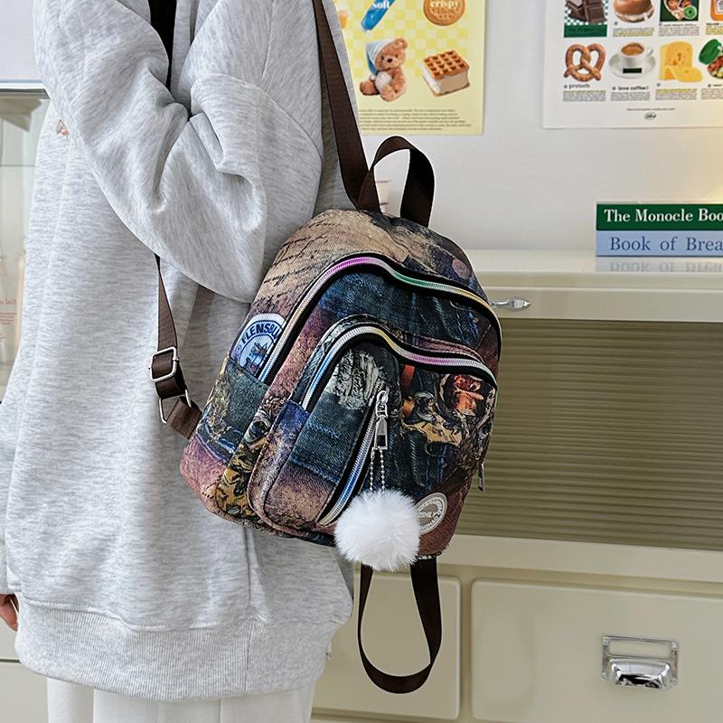 Denim Backpack 2025 New Korean Version of Fashion Printing Trend Ins Style Women's Versatile Casual Backpack