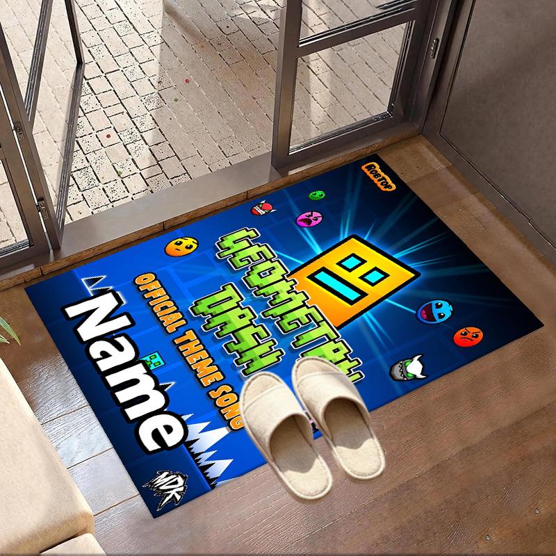 Custom Name Personalized Geometry Dash Print Carpet, Versatile Home Decor Rug, for Playroom, Apartment, Balcony, Entryway, Hallway Gift