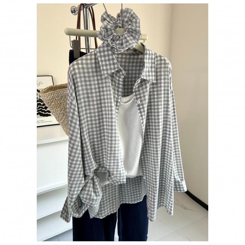 Man Jiang Yue Retro Korean Blue Plaid Women s Shirt Jacket - New Long Sleeve Casual Fashion M (80-110) серый