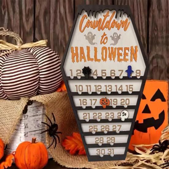 Halloween Countdown Calendar Wooden Coffins Shape Countdown Plaque Ornaments with Pumpkins Ghosts Bats Haunted House Party Decoration